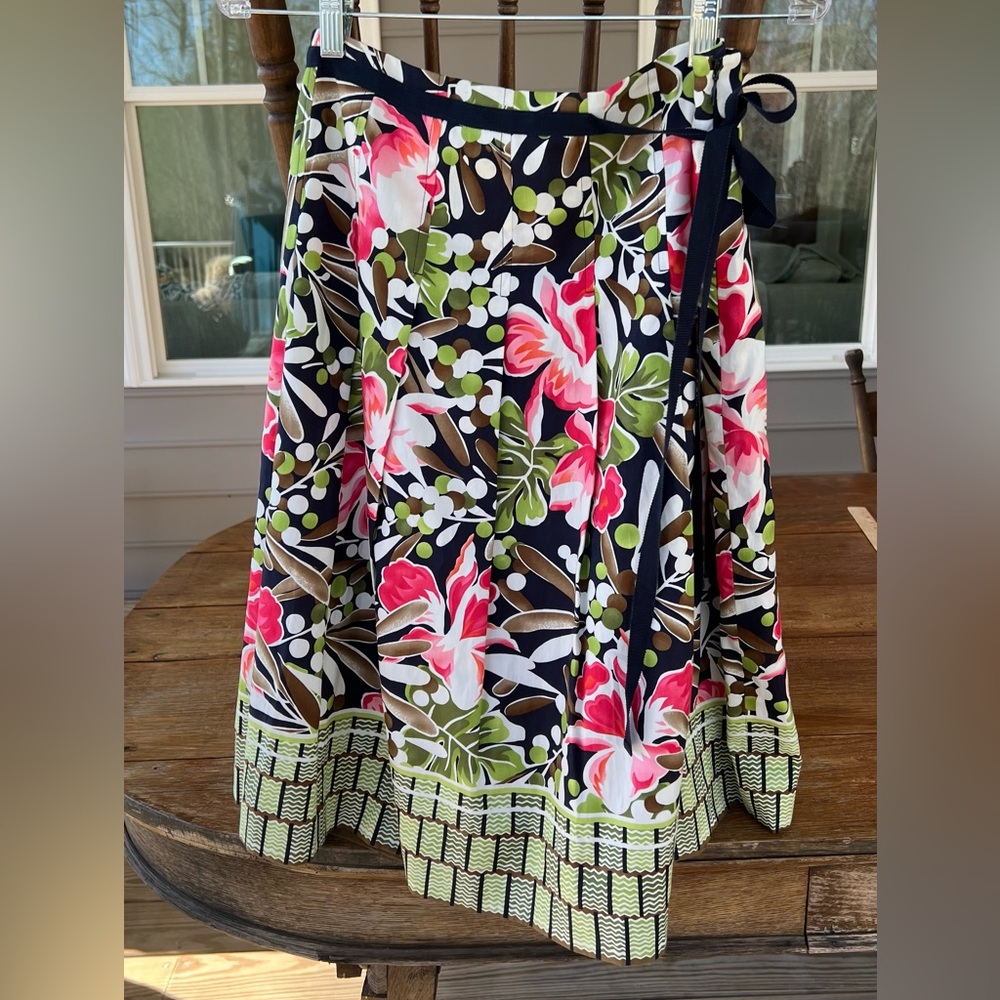 Talbots Floral Navy Green Pink Cotton Pleated A Line Midi Lined Skirt Petites 10